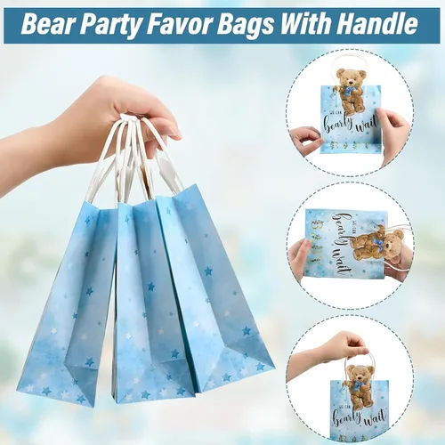Vista 4 de Tinlade - 16 bolsas de regalo de oso para baby shower, We Can Bearly Wait, bolsas de regalos con asas, para baby shower, regalos para recién Azul