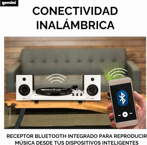 Vista 2 de Gemini Sound TT-900-Tocadiscos de 3 velocidades con Bluetooth, altavoces estéreo de 2 vías y ajuste de tono (blanco)