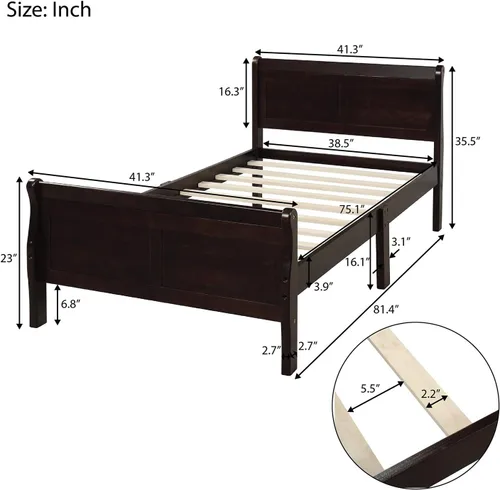 Vista 2 de Knocbel Base de cama de plataforma de madera con cabecera y estribo de trineo, capacidad de 200 libras, tamaño individual (espresso)