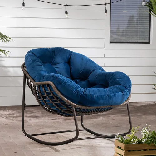 Vista 8 de Mecedora para patio al aire libre, silla mecedora de huevos de ratán para interiores, cómoda silla Papasan de gran tamaño con cojín más grueso