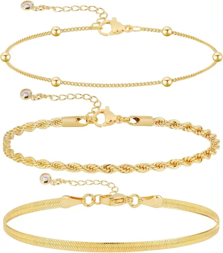 Vista 8 de VENOCO Pulseras de oro para mujer, delicadas pulseras de cuentas de oro de 14 quilates, conjuntos de pulseras de espiga ajustables en capas