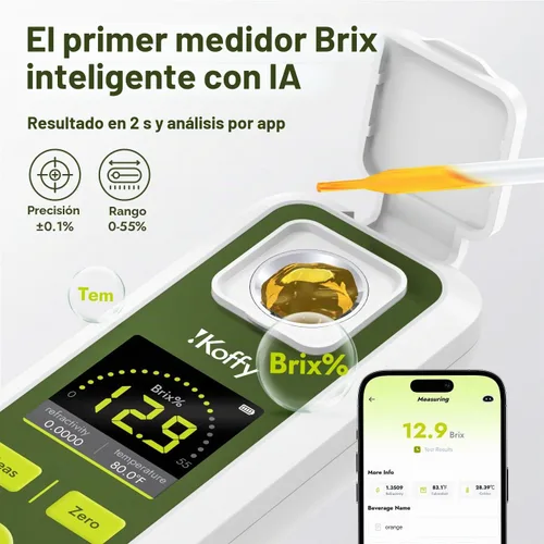 Vista 2 de Refractómetro digital Brix AI con ATC, sincronización de aplicaciones y análisis de IA, rango de 0-55%, precisión de ±0.1%, impermeable