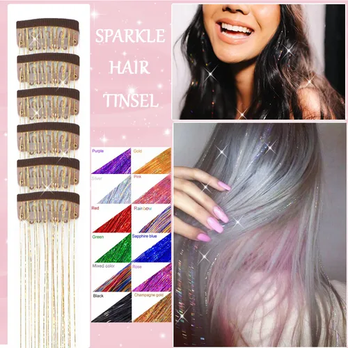 Vista 3 de Kit de oropel de cabello con clip, 23.6 pulgadas, oropel dorado resistente al calor, extensiones de cabello de hada con clip, accesorios