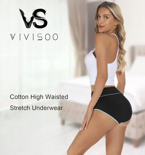 Vista 2 de VIVISOO - Ropa interior elástica, suave, transpirable, de algodón y tiro alto para mujeres, paquete de 5