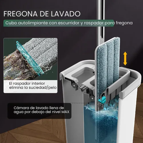 Vista 2 de JOYMOOP Juego de mopa y cubo con escurridor, mopa y cubo de piso plano sin manos, mopa de 60" con 3 almohadillas de microfibra reutilizables, uso