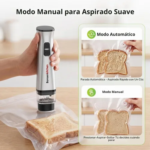 Vista 4 de Bonsenkitchen Sellador al vacío de mano para viajes, 30 bolsas Plateado