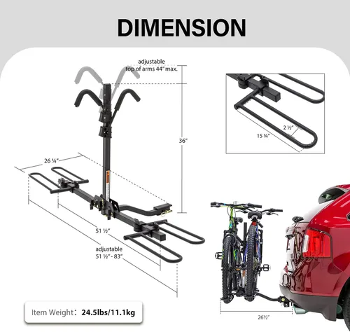 Vista 6 de Rockland - Portabicicletas para 2 bicicletas de neumáticos anchos 2.5", apto para vehículos con enganche receptor 1.25 y 2", soporta 80 libras