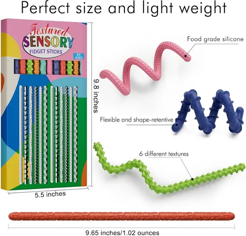 Vista 6 de Juguetes sensoriales fidget para niños y adultos, 12 piezas de palos fidget flexibles para estrés, ansiedad, autismo, TDAH, para calmarse, viajes