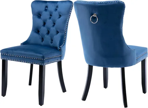 Vista 52 de Juego de 2 sillas de comedor de terciopelo, silla de comedor tapizada de alta gama con tirador de anillo en la espalda, adorno de clavos y patas