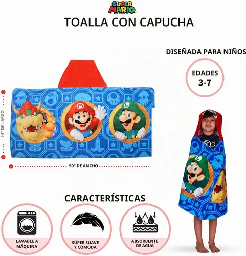 Vista 5 de Super Mario Toalla con capucha Nintendo Wrap Niño Azul