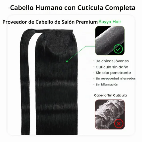 Vista 5 de SUYYA Extensión de cola de caballo con clip, pieza de cabello humano lacio con pasta mágica, 2.47 onzas, 14 pulgadas, color negro azabache #1