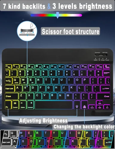 Vista 2 de Funda universal con teclado para tablet de 9.7", 10.1", 10.2", 10.5", 10.9", 11" iPad Samsung Fire Pixel Android 10.1 pulgadas, 7 colores Rainbow