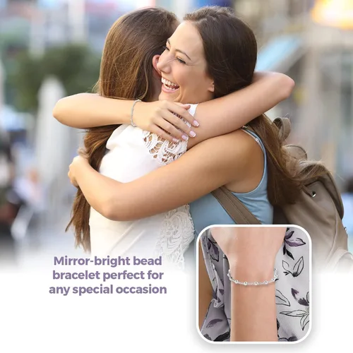 Vista 3 de Compra pulseras de plata de ley 925 LC para mujer, pulseras elásticas de plata de ley con cuentas de estación de bolas, joyería elástica