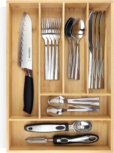 Vista 14 de Pristine Bamboo bandeja organizadora de cubiertos – Utensilios de mesa, cubiertos, soporte de cubiertos para cajón – Organizador de cajón de madera