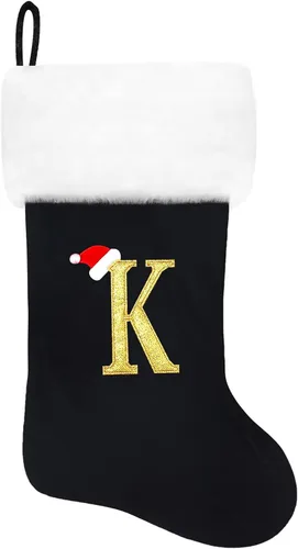 Vista 71 de Calcetines de Navidad bordados de 20 pulgadas con monograma, terciopelo negro con puño de felpa blanca supersuave, adornos clásicos para decoración