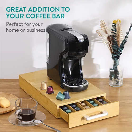 Vista 7 de Navaris Almacenamiento de cápsulas de café de bambú – Cápsulas de café y bandeja para té – Ahorro de espacio debajo de la cafetera – Cajón