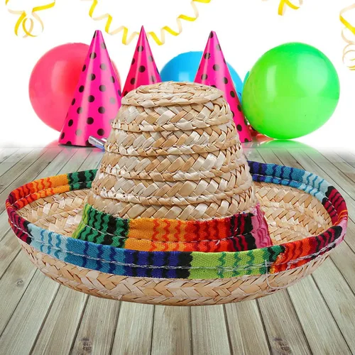 Vista 2 de Xplanet Paquete de 6 mini sombreros de fiesta mexicana de paja natural, mini sombrero de fiesta, suministros para fiestas