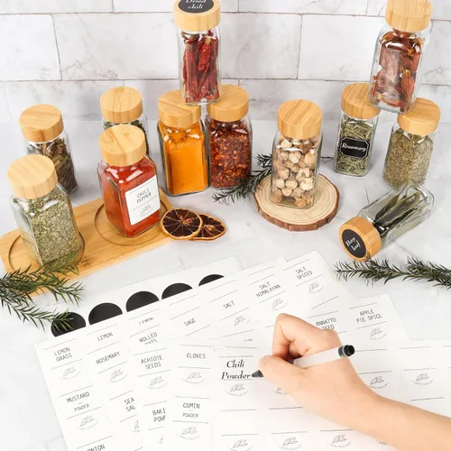 Vista 6 de Tarros de especias de vidrio de 4 onzas con tapas de bambú, paquete de 16 botellas de especias 120ml Seasoning Containers Empty Spice Jars with