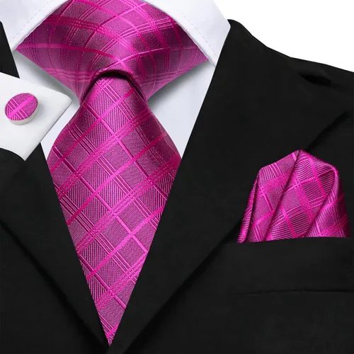 Vista 345 de Hi-Tie Corbata clásica de cachemira para hombre con pañuelo y gemelos a cuadros