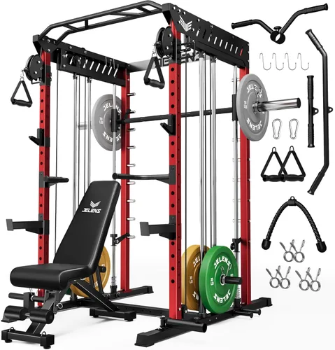 Vista 14 de JELENS M21 - Máquina Smith, jaula de potencia multifunción con sistema de cruce de cable de polea doble, banco de sentadillas todo en uno de 907 kg