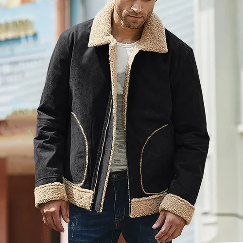 Vista 5 de BIFUTON Abrigos de invierno para hombre, chaqueta vintage de piel sintética con forro de sherpa, abrigos de lana de oveja pesados, chaquetas