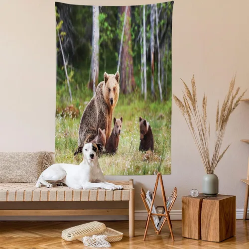 Vista 2 de Ambesonne Tapiz de naturaleza, madre salvaje, oso grizzly protegiendo a sus bebés en el bosque, estampado de animales de la selva, colgante de pared