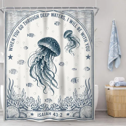 Vista 11 de Riyidecor Ocean Turtle Bible Verse Rustic Navy Bathroom Shower Curtain Set