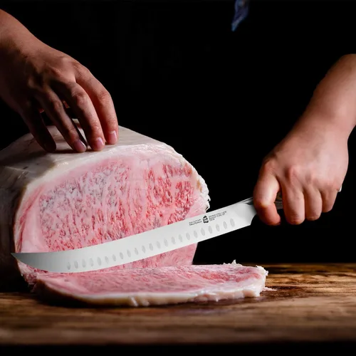 Vista 2 de TUO Cuchillo de carnicero – Cuchillos de carnicero de 12 pulgadas con borde de Granton curvado para cortar carne y verduras – Mango de madera