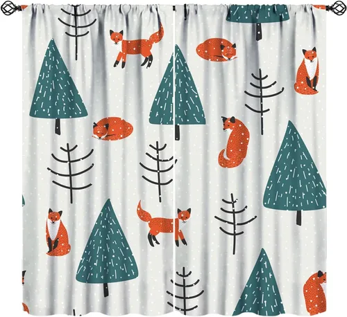Vista 16 de Cortinas opacas de dibujos animados de animales de bosque naranja, zorro, flores, luna, hojas azules, arte abstracto, niños y niñas, decoración