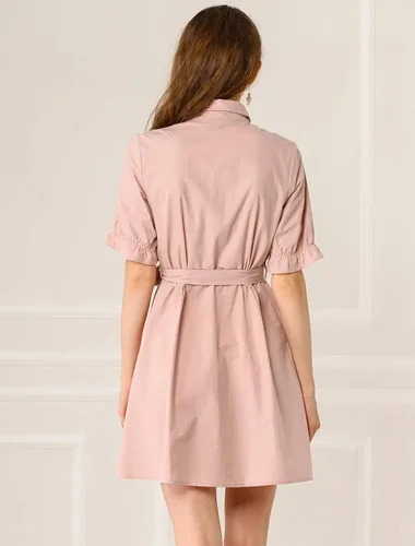 Vista 5 de Allegra K Womens 2023 Summer Ruffled Short Sleeve Cotton Solid Color Belted Button Down Shirt Dress