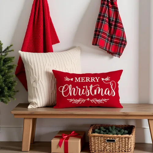 Vista 6 de Fundas de almohada de Navidad de PANDICORN 12x20 pulgadas rojas para decoración rústica navideña al aire libre para sofá, sofá cama, sala de estar