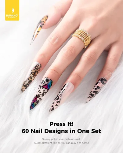 Vista 3 de BURANO Gel de pegamento para arte de uñas, 0.5 onzas líquidas, 2 botellas con 60 calcomanías de láminas, diseño de uñas, arte de transferencia