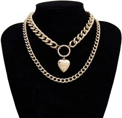 Vista 7 de AfazfaChunky - Collar con candado de oro con colgante de medallón de monedas y cadenas en capas de plata