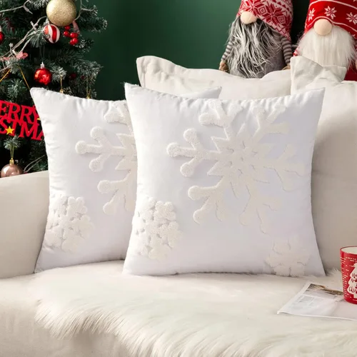 Vista 8 de MIULEE Paquete de 2 fundas de almohada decorativas de Navidad con diseño de copo de nieve, fundas de almohada de lona con bordado de invierno