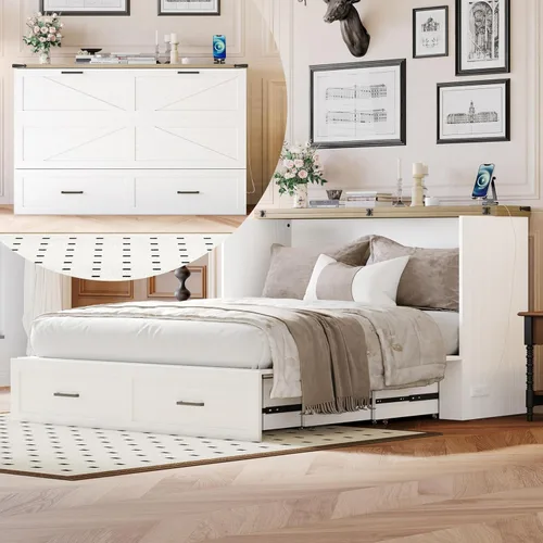 Vista 10 de SOFTSEA Queen Size Farmhouse Murphy Cabinet Bed with Charging Station, Foldable Platform Bed with Large Storage Drawer for Guestroom, Small Bedroom