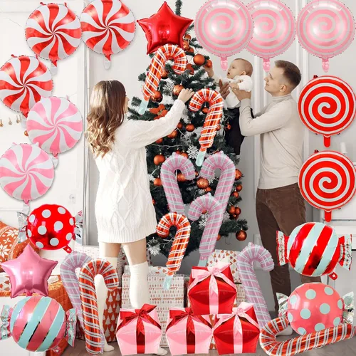 Vista 4 de Decoraciones de globos de bastón de caramelo de Navidad, 42 globos de papel de aluminio de bastón de caramelo con cinta, globo redondo de Mylar