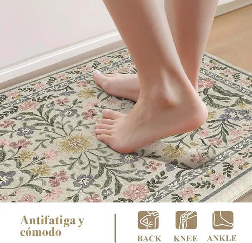 Vista 3 de Collive Tapete Anti Fatiga para Piso de Cocina, Tapetes de Cocina con Diseño Floral Primaveral para Piso Juego de 2, Alfombras para Fregadero Beige