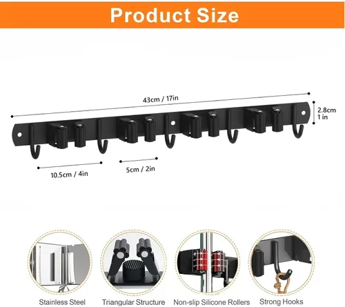 Vista 5 de CUXIXA Paquete de 2 Soportes de Pared para Trapeador y Escoba, Soporte Colgante de Pared Antideslizante para Escoba, Organizador de Trapeador