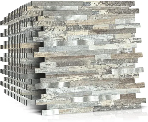 Vista 14 de Midcard Azulejos adhesivos para salpicaduras de 10 hojas, azulejos para cocina, baño, lavandería, cámper, chimenea. 20Trapezoidal Negro Gris Madera
