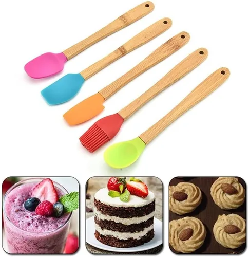 Vista 2 de Juego de mini espátulas de silicona con mango de madera, cepillo de silicona con asas de madera, cuchara, espátula para cocina y mezcla (5) (5)