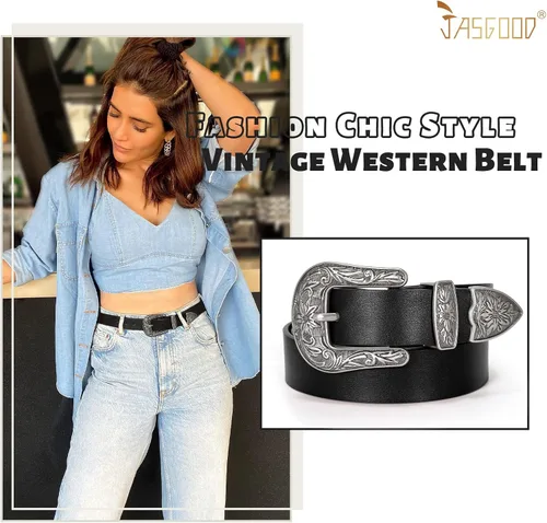 Vista 4 de Cinturón de cuero para mujer, diseño clásico occidental, cinturón negro para pantalones de mezclilla.