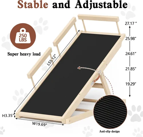 Vista 3 de Rampa para perros para cama alta, sofá, automóvil, rampas para mascotas de 55.12" de largo ajustable de 19.3"-27.17" escalón de madera para perro