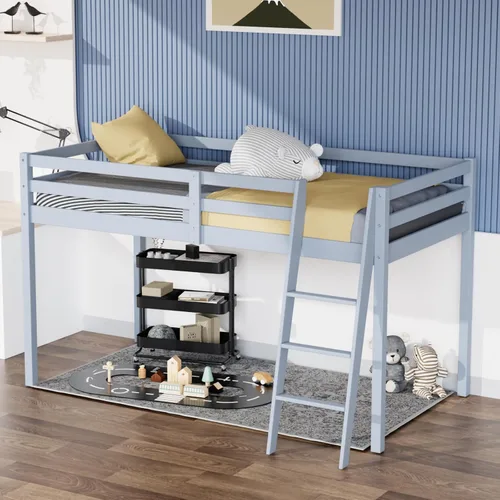Vista 16 de VINGLI - Cama tipo loft baja de 47'' para junior con escaleras, cama de madera tamaño individual para adultos, niños y adolescentes jóvenes, sin