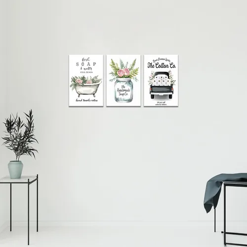 Vista 2 de KVTM 3 piezas de arte de pared de baño de granja, diseño de jabón fresco y bañera de agua, impresiones rústicas de flores en lienzo, arte estético