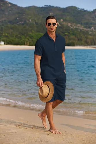 Vista 8 de COOFANDY Conjunto de 2 piezas de lino para hombre, camisas Henley casuales de manga corta, pantalones cortos de yoga para la playa, pantalones