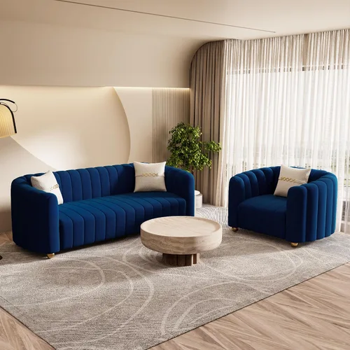 Vista 20 de Moderno juego de sofá de terciopelo negro de 3 piezas para sala de estar, juego de sofá curvado acolchado con patas de esfera de metal dorado