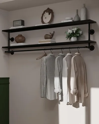Vista 10 de Perchero negro de 36 pulgadas, perchero montado en la pared con estante de madera real negra, perchero colgante resistente, barra para colgar