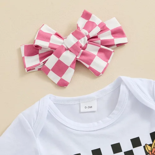 Vista 138 de Sejardin Ropa de verano para bebé y niña, recién nacida, manga corta, con letras, mameluco elástico con diadema