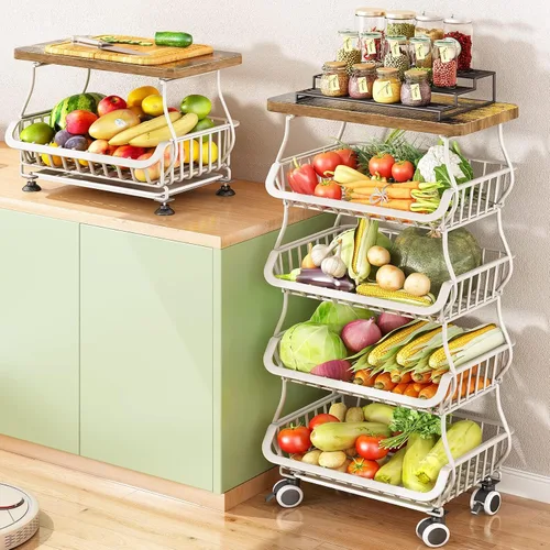 Vista 7 de SAYZH 5-Tier Fruit and Vegetable Basket Stand for Kitchen, Wood Top, White Blanco