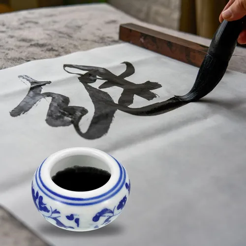 Vista 4 de Patikil Plato de tinta de cerámica para escritura de caligrafía china, soporte de 12 piezas, soporte para pincel de agua para piedra tradicional